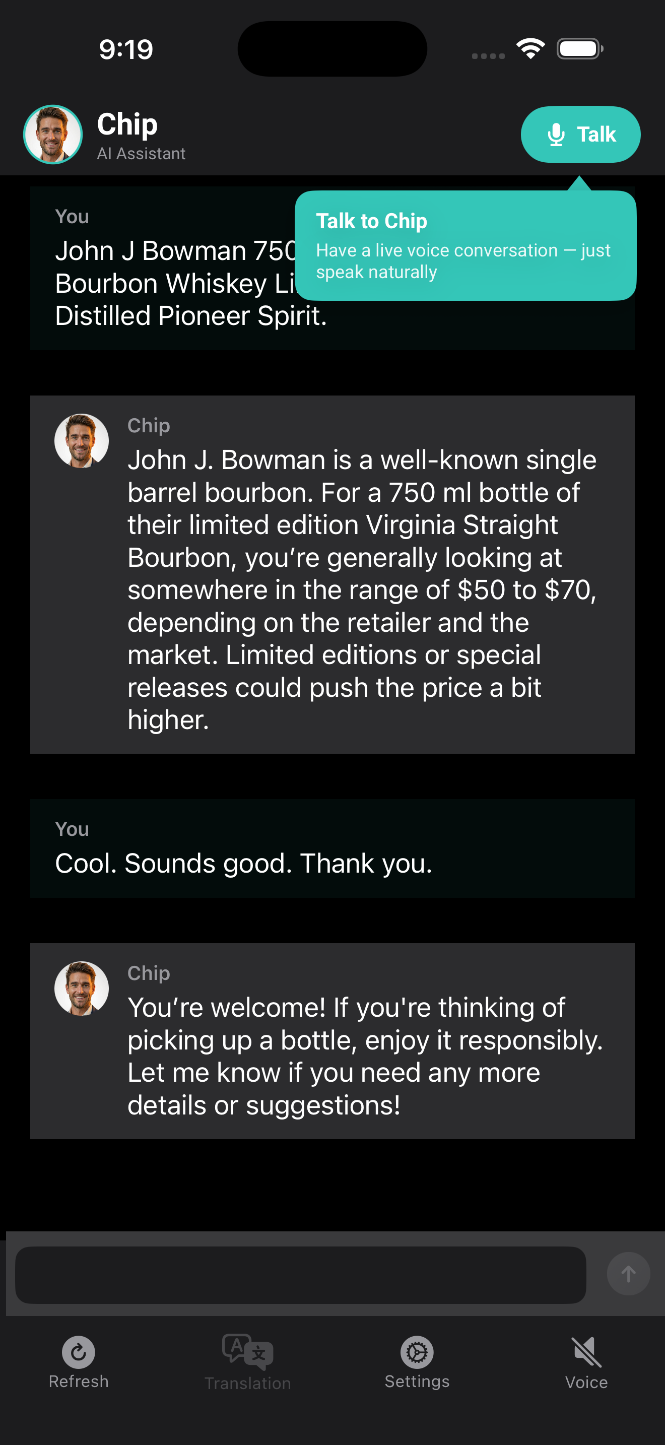 Chip chat interface